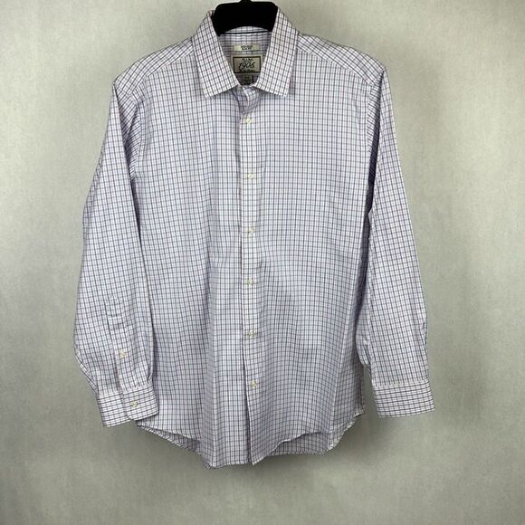 Jos A. Bank Button Front Shirt Sz 16-33 Non-Iron Slim Fit White Pink Blue Plaid - Picture 1 of 5